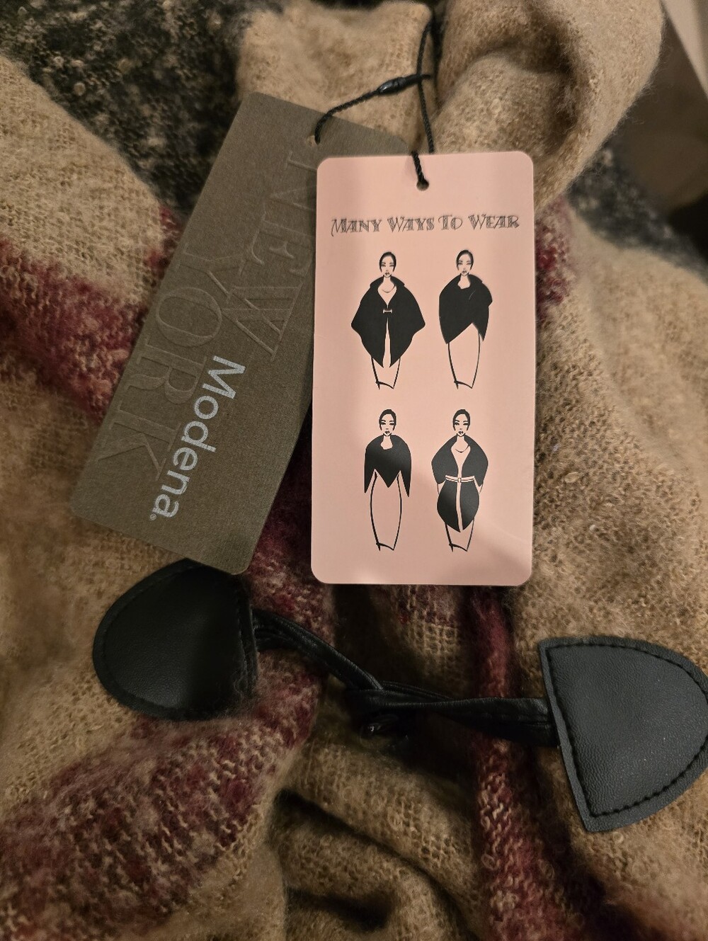 Modena New York Cozy Hooded Plaid Poncho in Camel, Black & Burgundy - Picture 6 of 6
